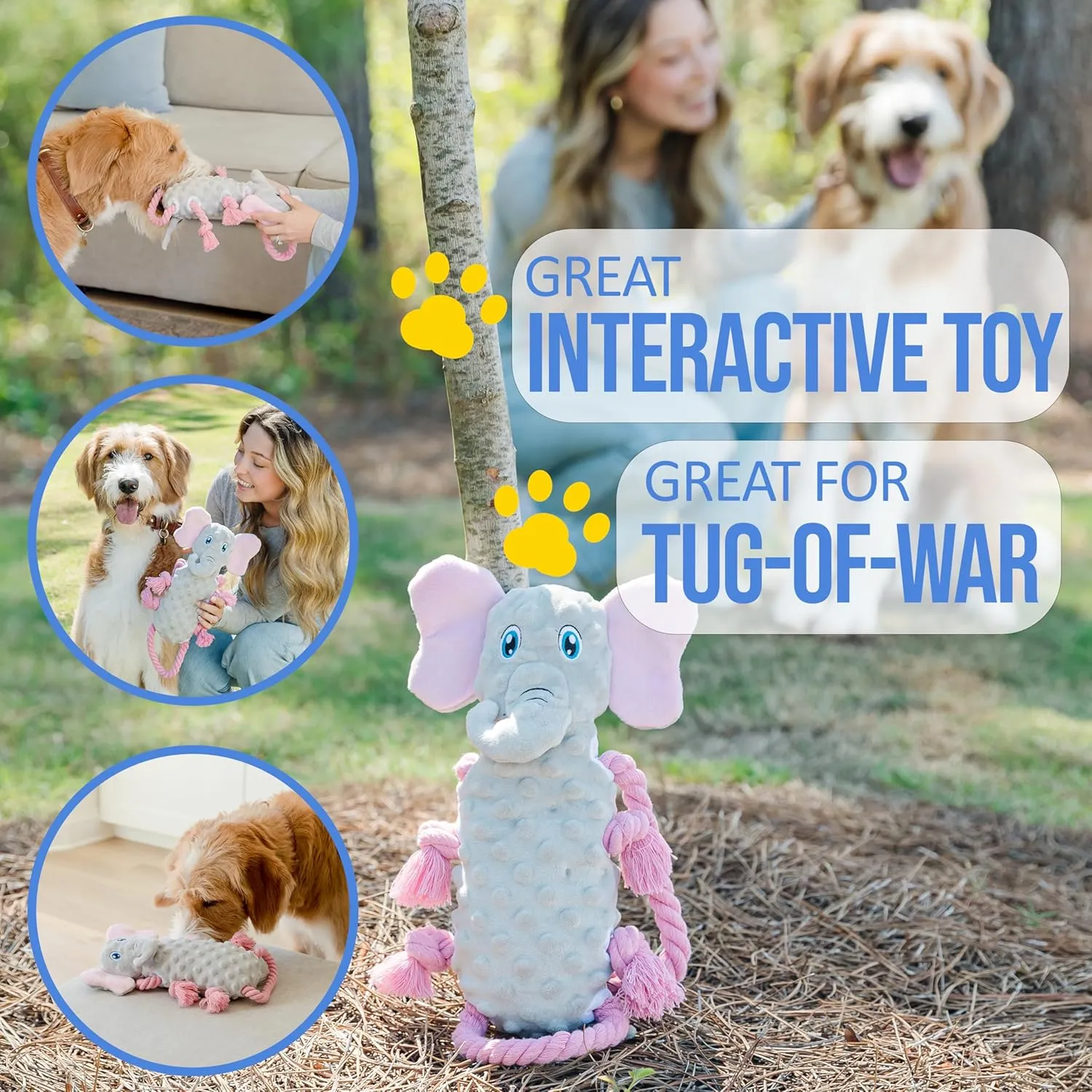 Squeaky Dog Stuffed Animals Chew Toy - Crinkle Paper Tug of War Rope Plush Dog Toy - Soft Tough Squeaker Dog Entertainment Toys for Home Alone - Fun Boredom Busters for Dogs - Elephant