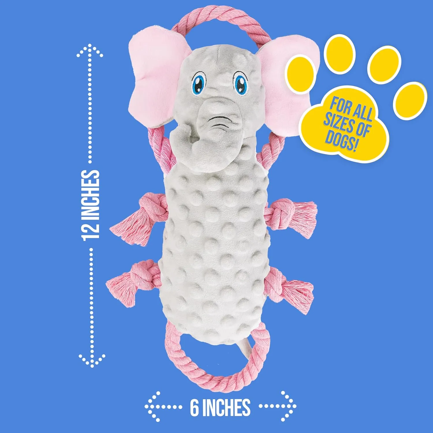 Squeaky Dog Stuffed Animals Chew Toy - Crinkle Paper Tug of War Rope Plush Dog Toy - Soft Tough Squeaker Dog Entertainment Toys for Home Alone - Fun Boredom Busters for Dogs - Elephant