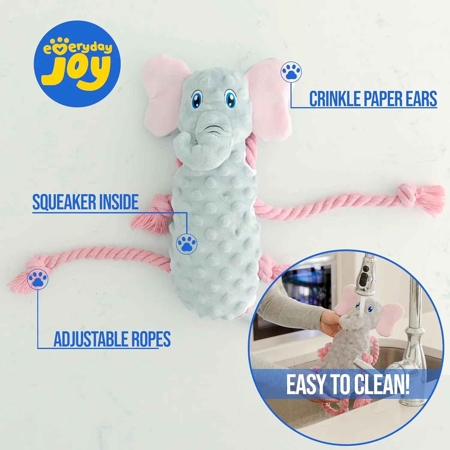 Squeaky Dog Stuffed Animals Chew Toy - Crinkle Paper Tug of War Rope Plush Dog Toy - Soft Tough Squeaker Dog Entertainment Toys for Home Alone - Fun Boredom Busters for Dogs - Elephant
