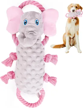 Squeaky Dog Stuffed Animals Chew Toy - Crinkle Paper Tug of War Rope Plush Dog Toy - Soft Tough Squeaker Dog Entertainment Toys for Home Alone - Fun Boredom Busters for Dogs - Elephant
