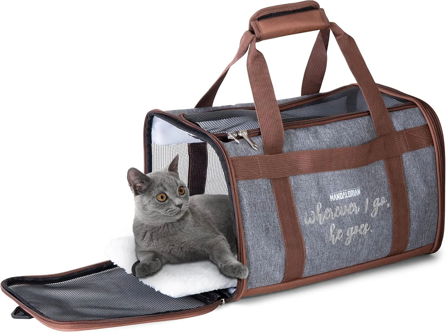 Star Wars for Pets The Mandalorian Soft Pet Carrier Wherever I go, he goes Gray & Brown | for Pets 15 x 9 x 9 Dog Travel Bag| Luggage Carrier for Dogs, Fits Under Plane Seat (FF19733)