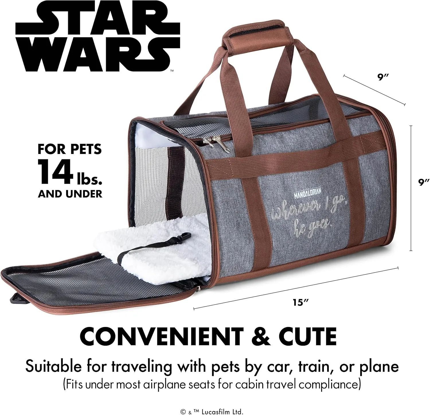 Star Wars for Pets The Mandalorian Soft Pet Carrier Wherever I go, he goes Gray & Brown | for Pets 15 x 9 x 9 Dog Travel Bag| Luggage Carrier for Dogs, Fits Under Plane Seat (FF19733)