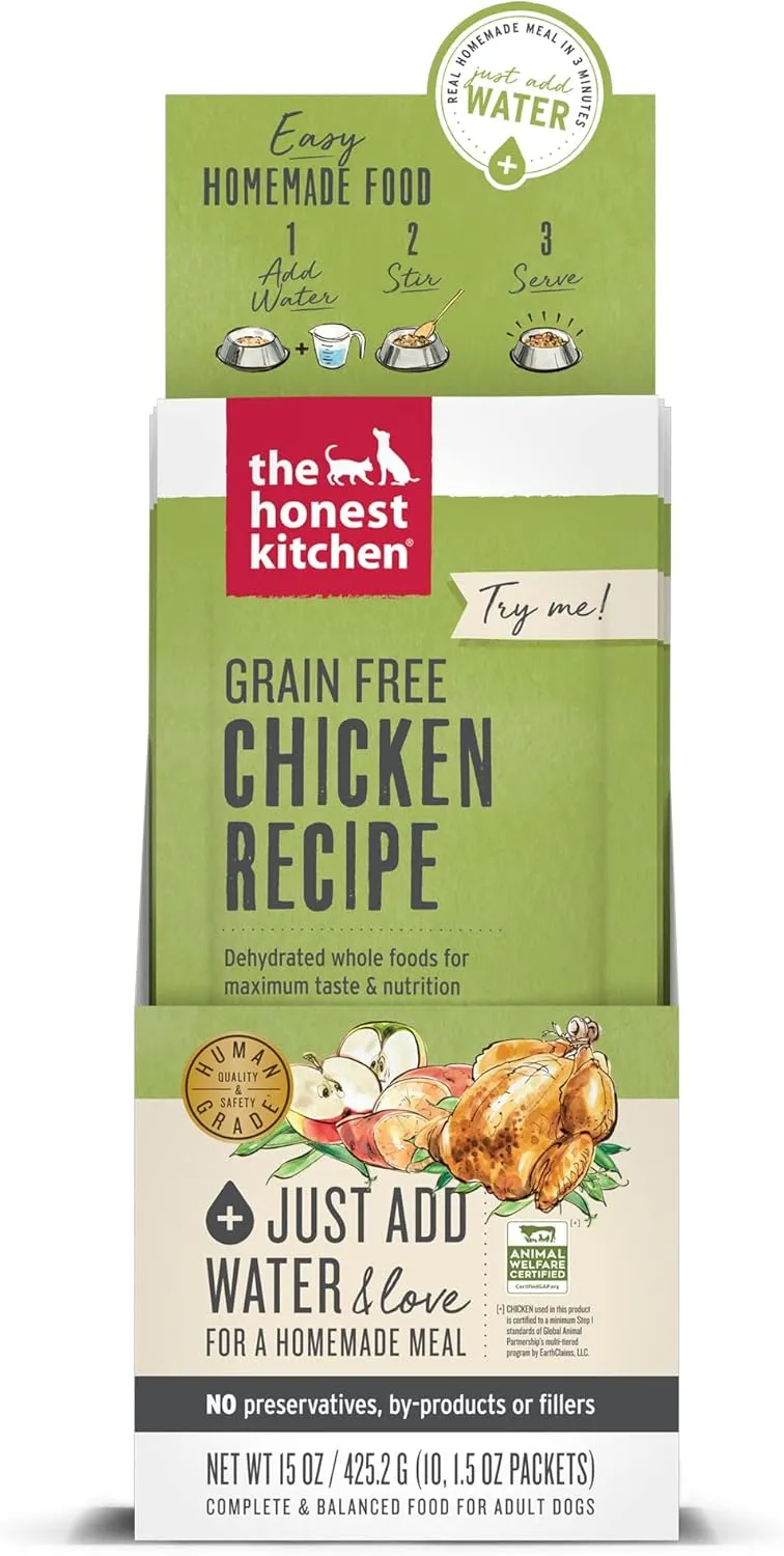 The Honest Kitchen Human Grade Dehydrated Grain Free Dog Food  Complete Meal or Dog Food Topper  Chicken 10-Pack of 1.5 oz Sachets