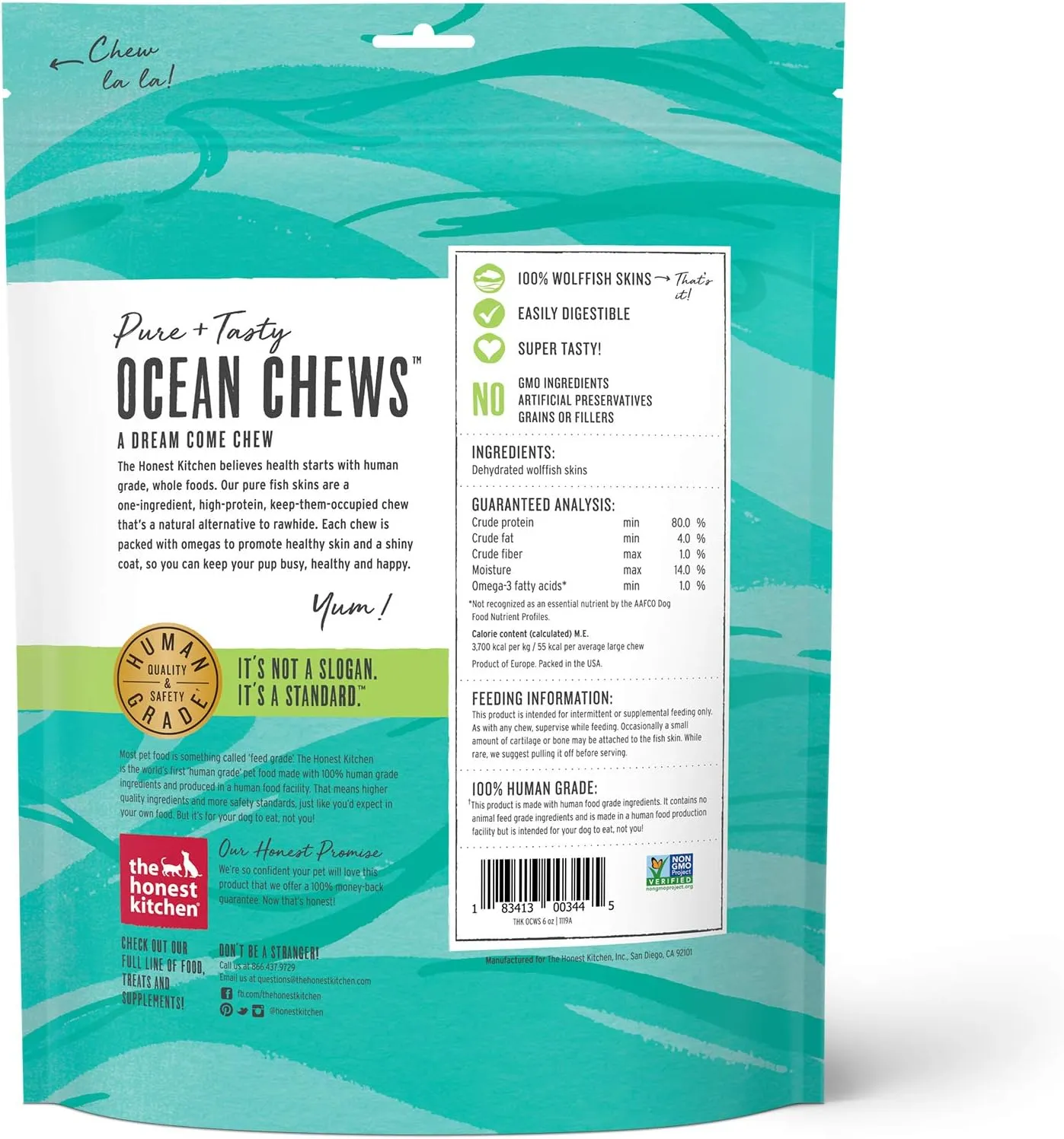The Honest Kitchen Ocean Chews Hearty Wolffish Skins Dog Treats, 6 oz (Beams)