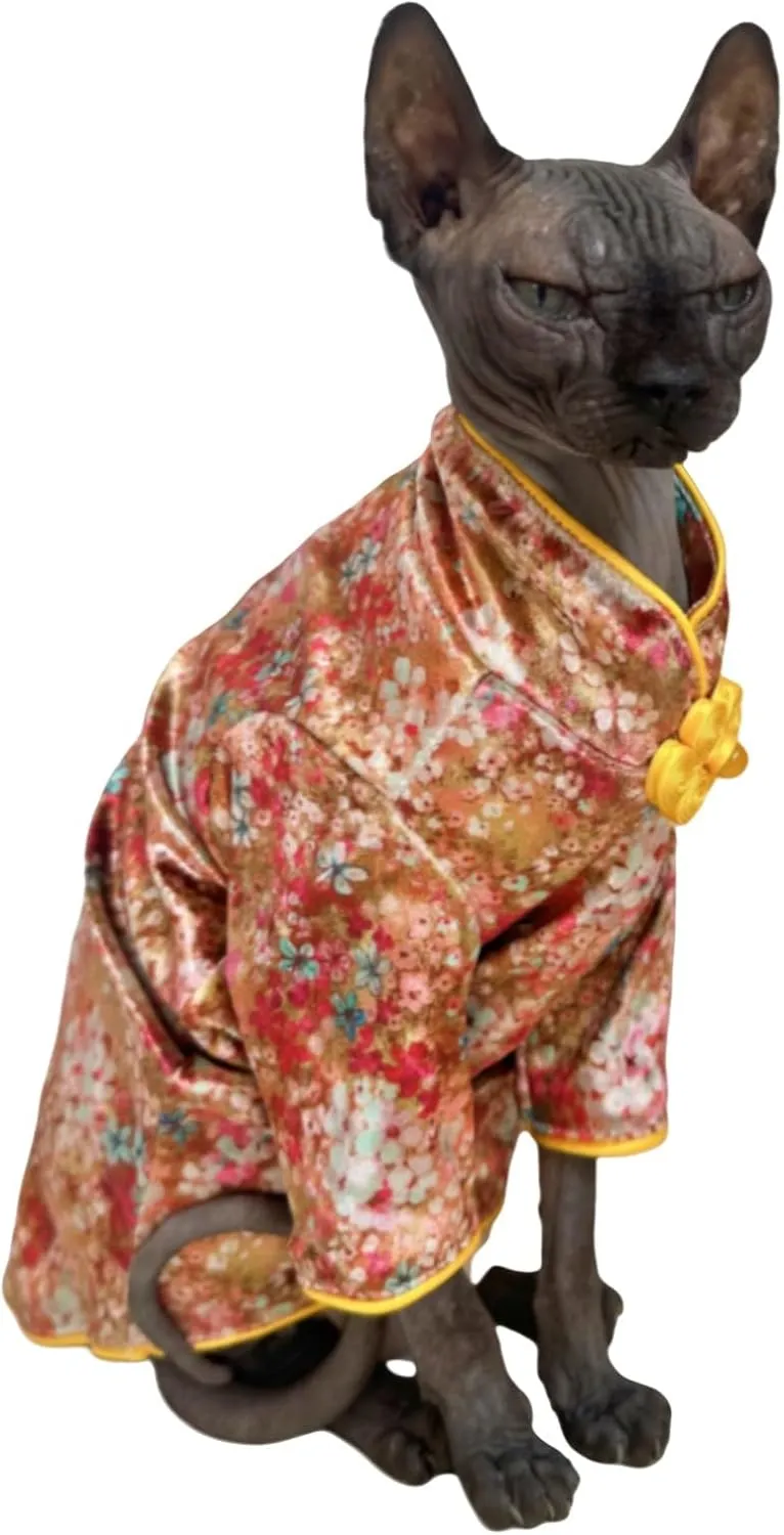 Traditional Culture Sphynx Hairless Cat Cotton T-Shirts Cats Clothes Pet Sweater Cat's Vest Pet Clothes Kitten Shirts Small Dogs Apparel (Gypsophila, L (7.5-8.8 lbs))
