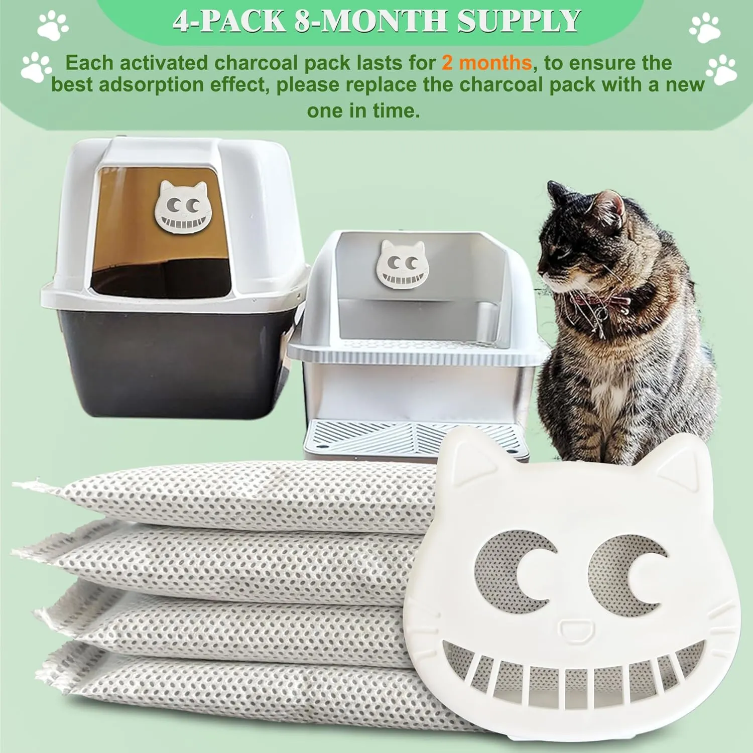 Unscented Cat Litter Box Deodorizer Kit Stick-On Activated Carbon Odor Eliminators Compatible with most manual and automatic litter boxes (4 Refills  1 Box) (White, Unscented)