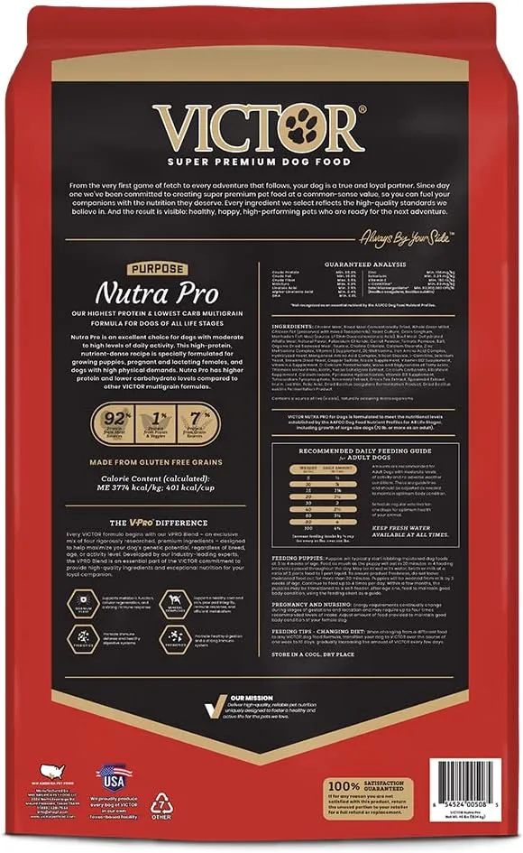 VICTOR Super Premium Dog Food  Purpose Nutra Pro  Gluten-Free, High Protein Low Carb Dry Kibble for Active Dogs of All Ages  Ideal for Sporting, Pregnant or Nursing Dogs & Puppies, 40lbs