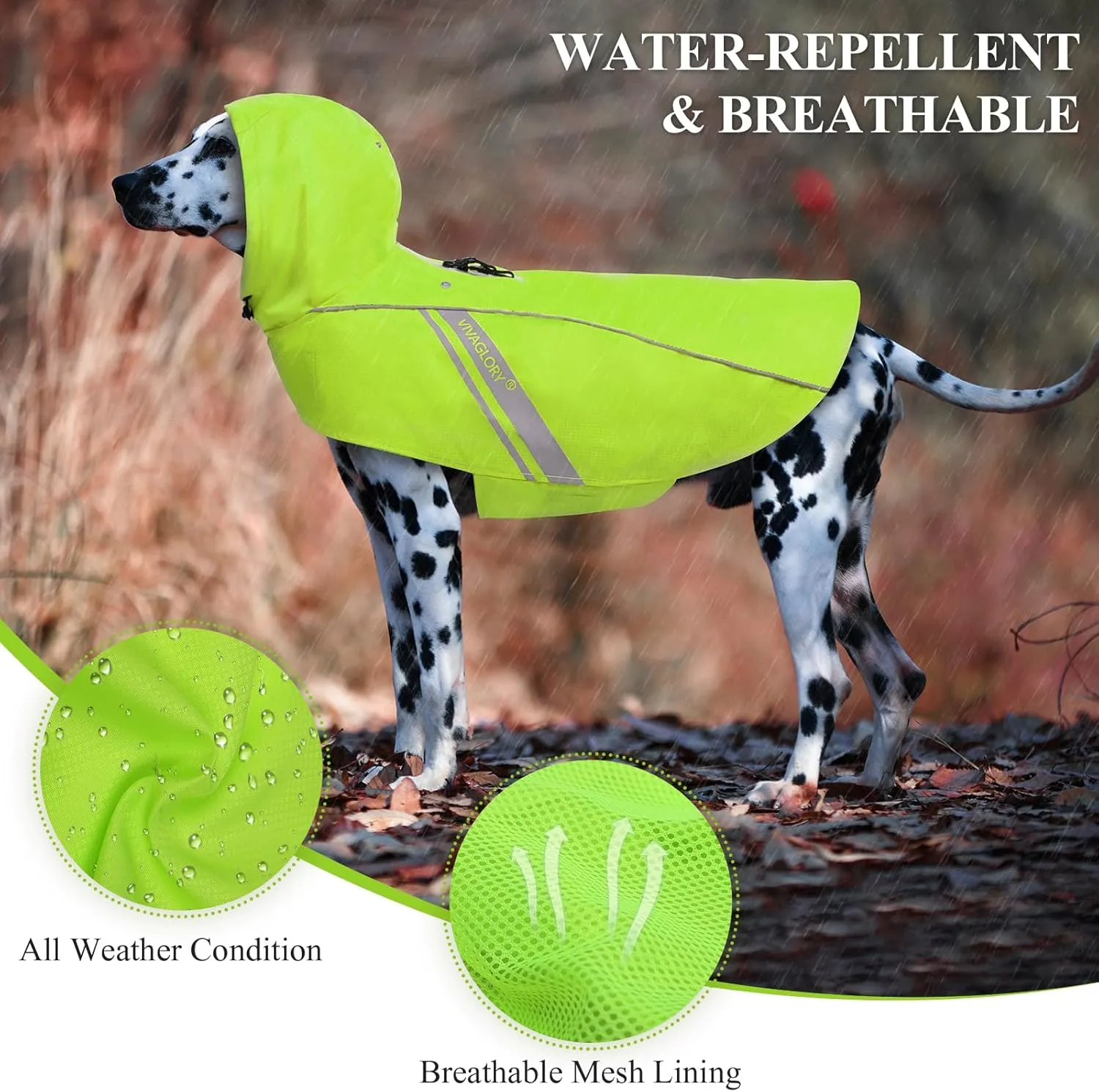 VIVAGLORY Dog Raincoat for Medium Dogs, Easy on & Off Pet Rain Clothes, Reflective Lightweight Breathable Dogs Safety Vest Jackets for Adventures, Walking, Hunting, Bright Yellow