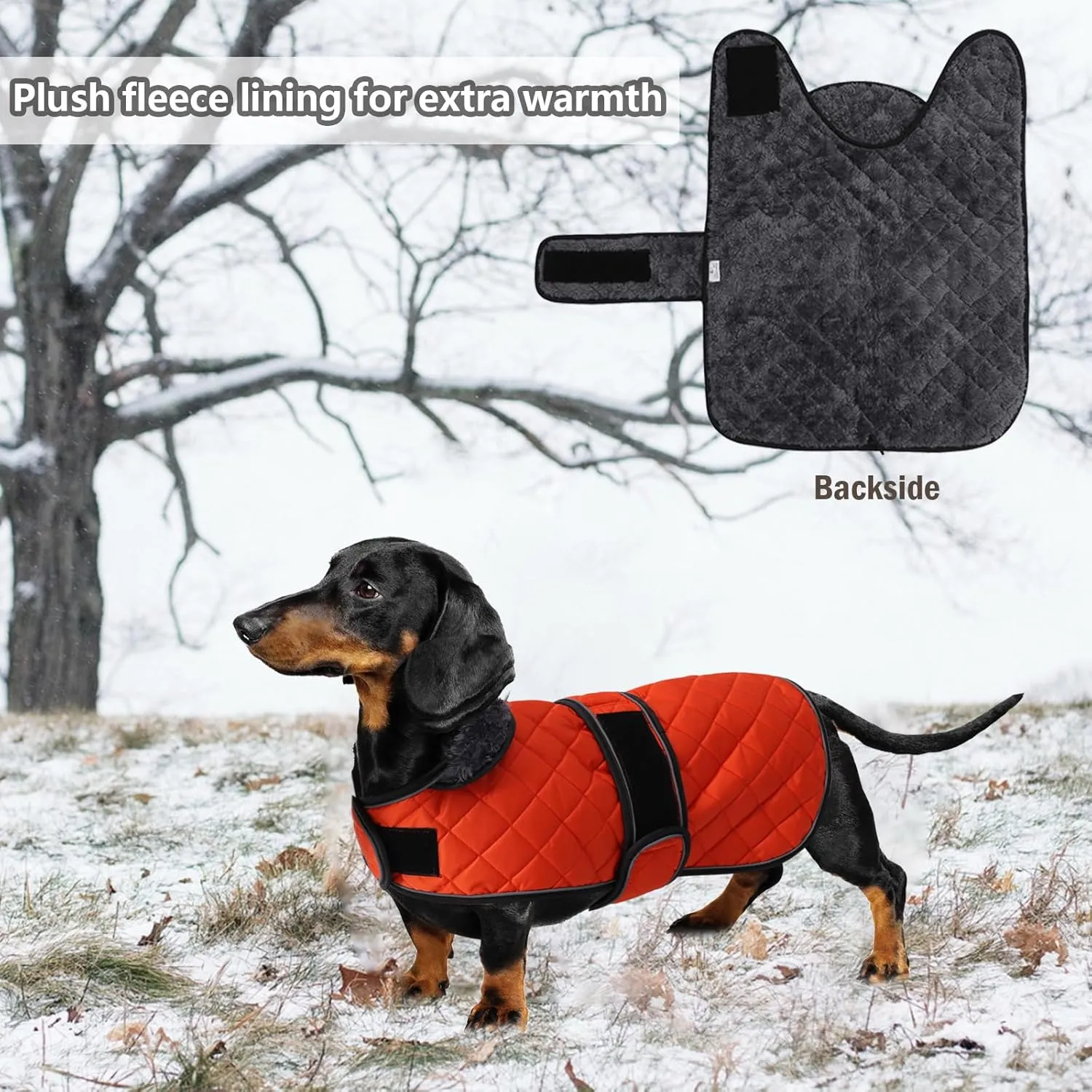 Warm Thermal Quilted Dachshund Coat, Dog Winter Coat with Warm Fleece Lining, Outdoor Dog Apparel with Adjustable Bands for Medium, Large Dog-Orange-M