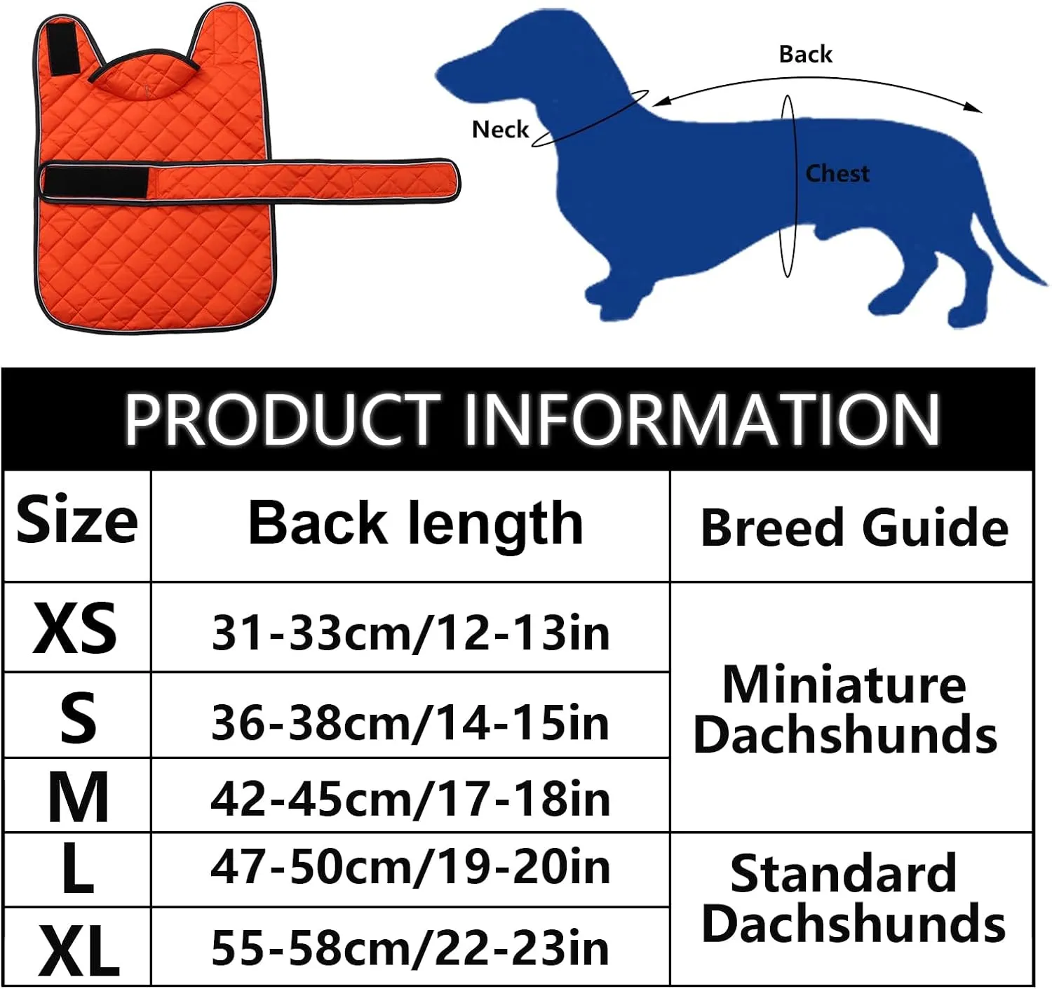 Warm Thermal Quilted Dachshund Coat, Dog Winter Coat with Warm Fleece Lining, Outdoor Dog Apparel with Adjustable Bands for Medium, Large Dog-Orange-M