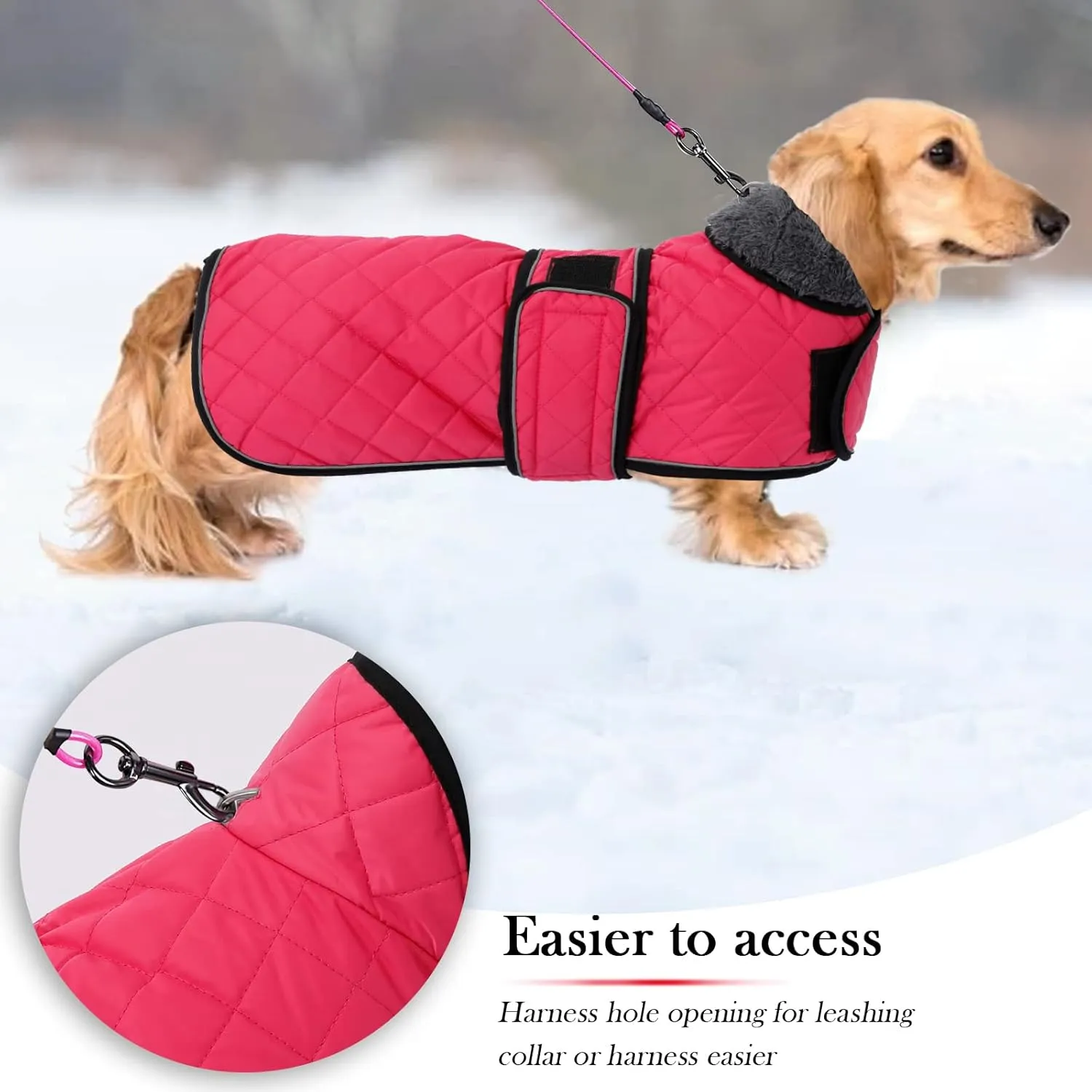 Warm Thermal Quilted Dachshund Coat, Dog Winter Coat with Warm Fleece Lining, Outdoor Dog Apparel with Adjustable Bands for Medium, Large Dog-Pink-M