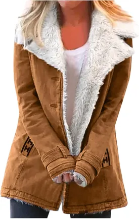 Womens Fleece Lined Jacket, Plus Size Winter Warm Parka Coat Trendy Lapel Button Down Furry Outerwear